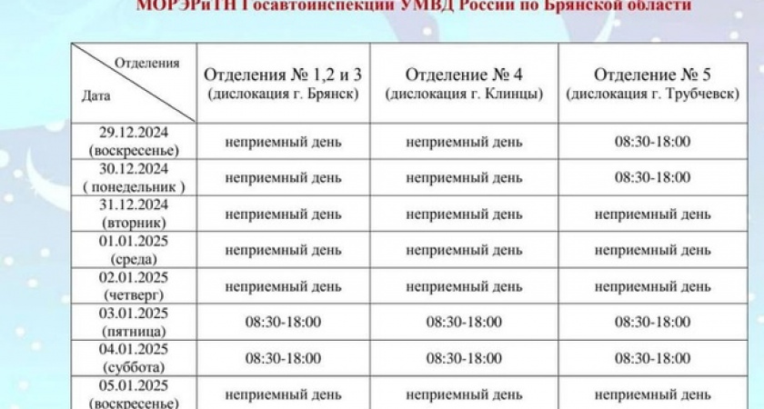 Брянская Госавтоинспекция рассказала о работе МРЭО на новогодних каникулах и в Рождество