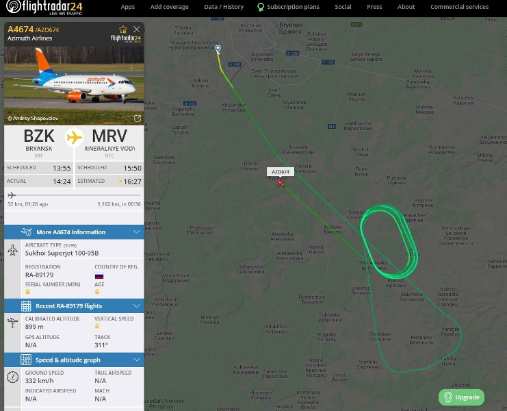 Самолёт авиакомпании «Азимут» вынужденно вернулся в Брянск из-за вибрации двигателя