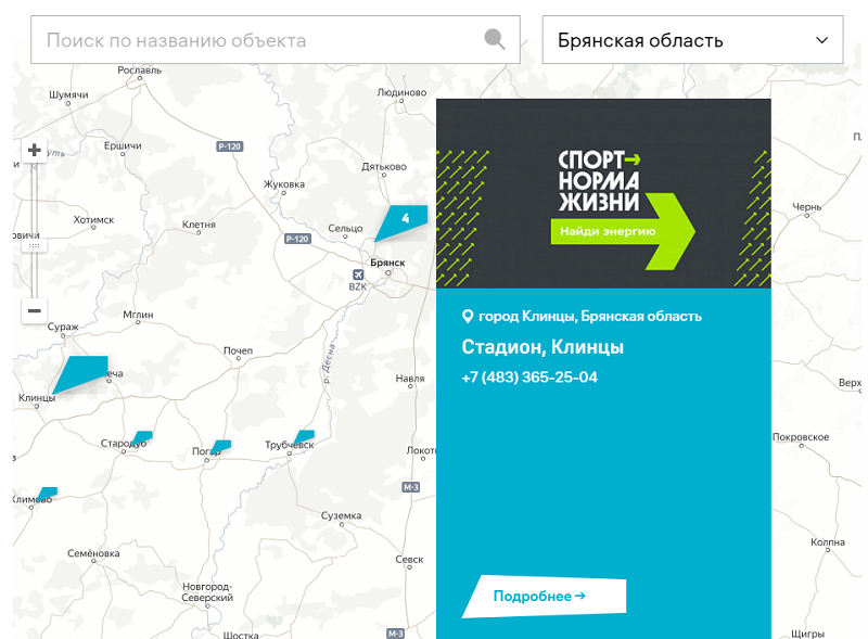 Спортивные объекты Брянской области размещены на интерактивной карте «Спорт – норма жизни»