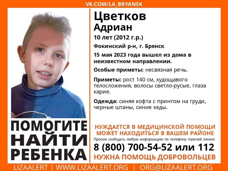 Пропавшего в Брянске 10-летнего Адриана Цветкова нашли живым