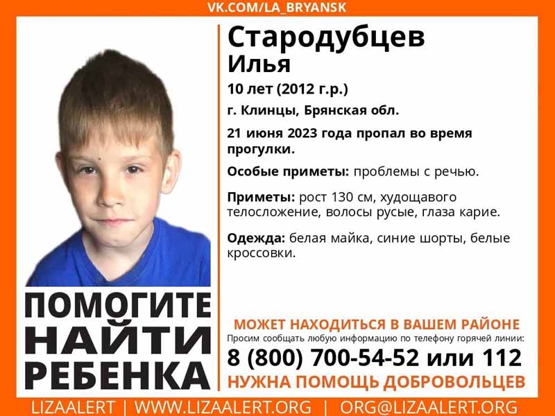 В Брянской области ищут 10-летнего Илью Стародубцева